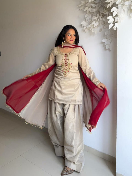 Beige Silk Punjabi Patiala Salwar Kameez - Heavy Embroidered Neck Design - Designer Indian Wedding Wear with Maroon Dupatta Set
