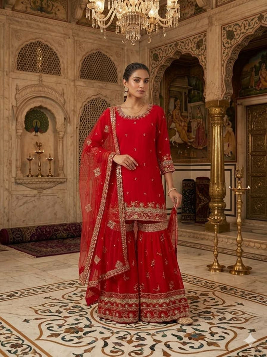 Designer Red Sharara Set - Heavily Embroidered Salwar Suit for Special Occasions - Traditional Indian Ethnic Apparel for Women.