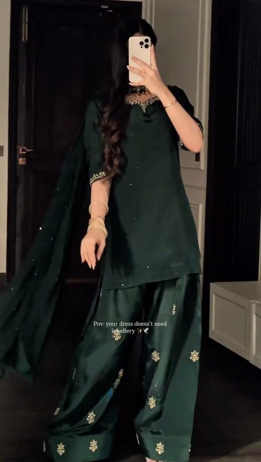 Designer Emerald Green Sharara Set - Heavy Mirror Work Salwar Suit - Traditional Indian Ethnic Apparel for Women