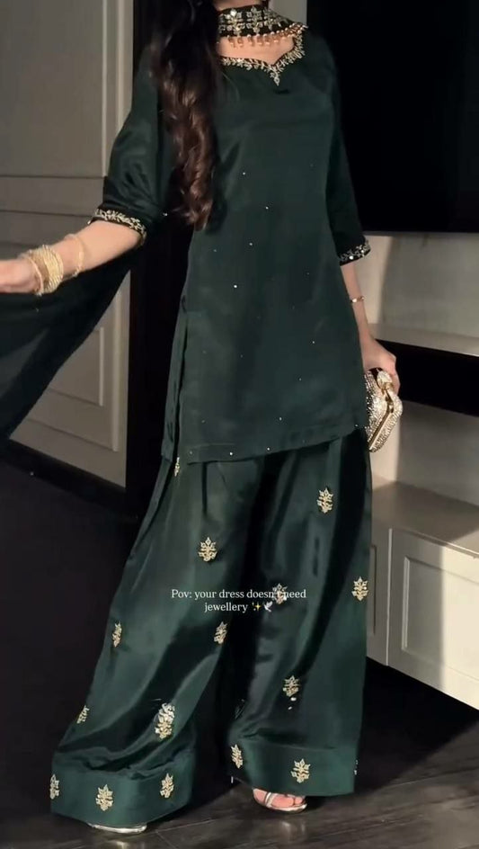 Designer Emerald Green Sharara Set - Heavy Mirror Work Salwar Suit - Traditional Indian Ethnic Apparel for Women