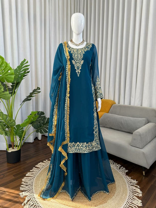 Teal Blue Georgette Sharara Suit Set - Heavy Gold Zari Embroidery - Designer Indian Wedding Wear - Festive Salwar Kameez with Fringed Dupatta