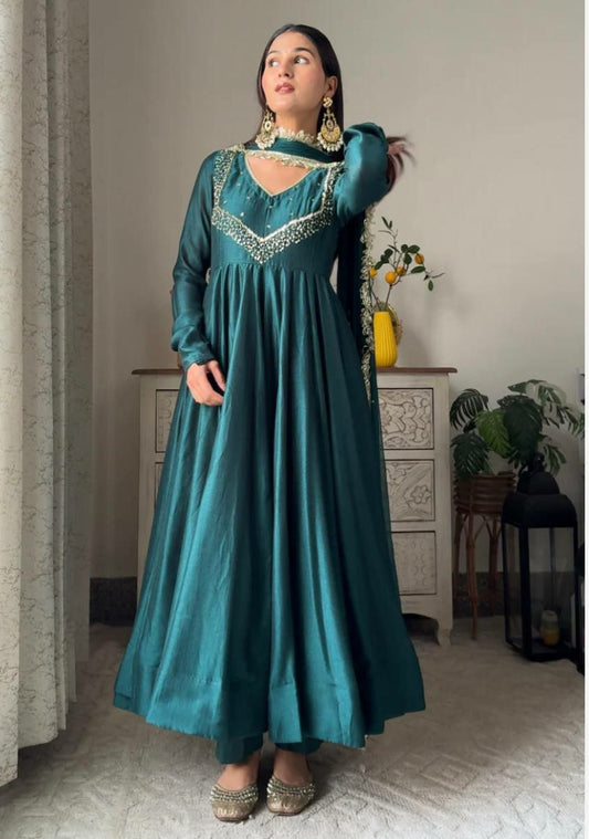 Royal Teal Silk Anarkali Set with Heavy Embroidery Work