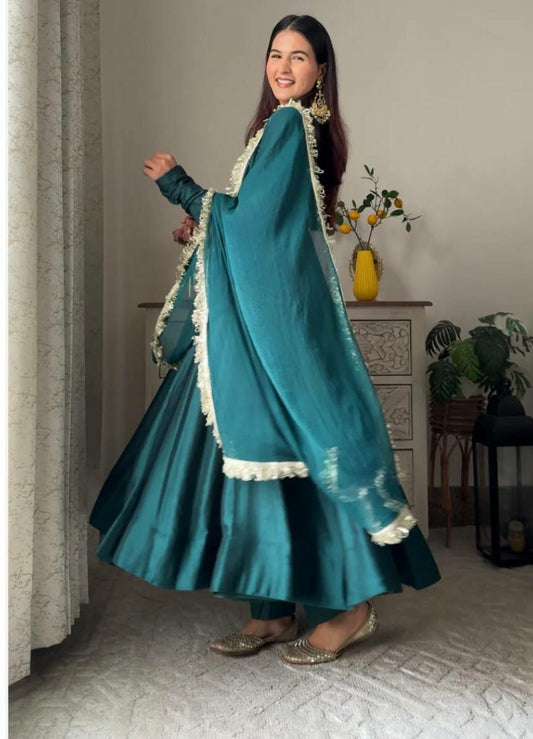 Royal Teal Silk Anarkali Set with Heavy Embroidery Work
