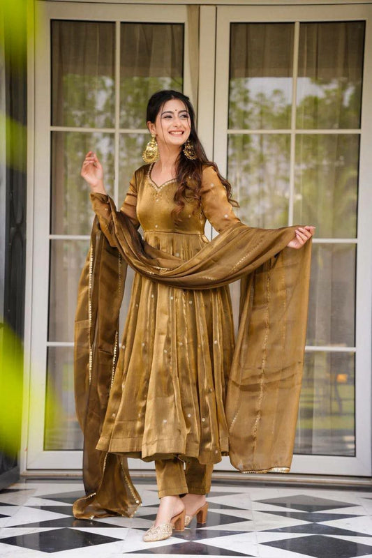 Classic Golden-Olive Silk Suit with Elegant Embroidery & Dupatta