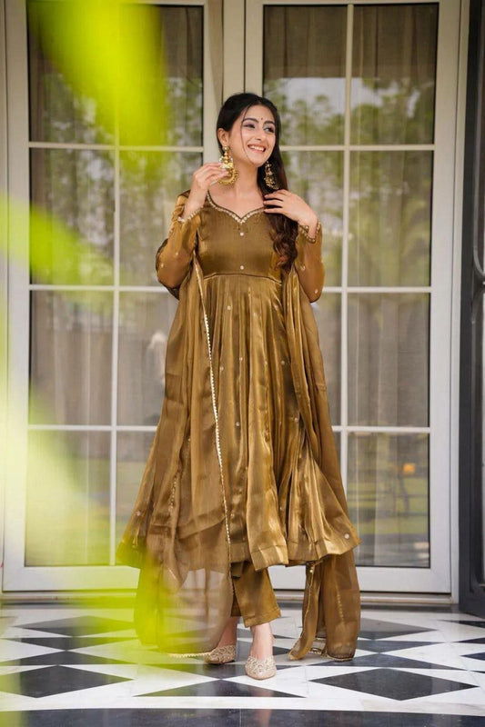 Classic Golden-Olive Silk Suit with Elegant Embroidery & Dupatta