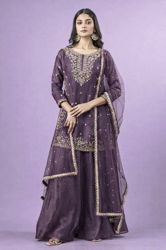 Exquisite Designer Silk Set: Heavily Embroidered Kurti & Flared Sharara
