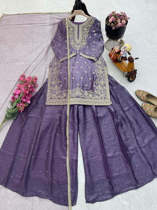 Exquisite Designer Silk Set: Heavily Embroidered Kurti & Flared Sharara