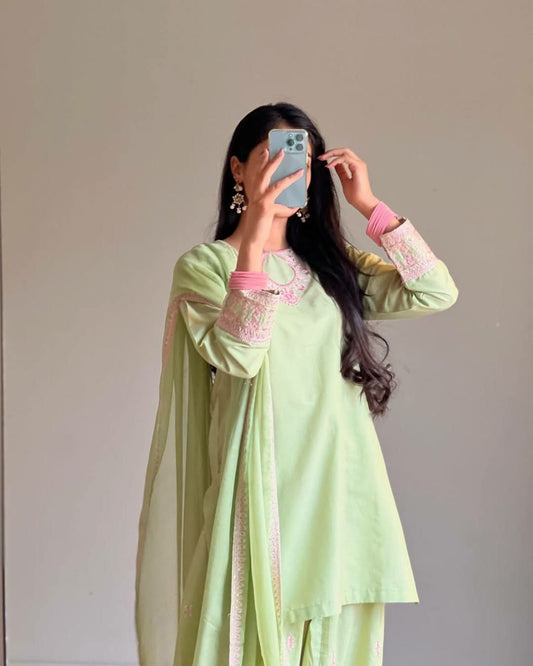 Royal Pista Green Silk Suit with Intricate Pink Floral Embroidery