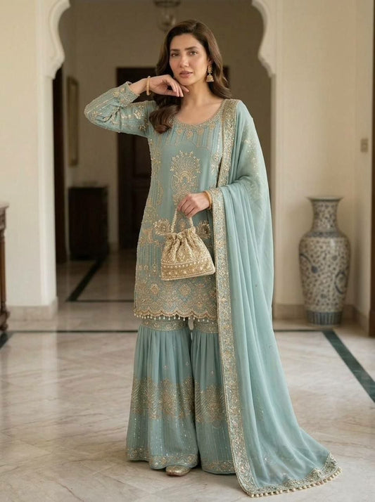Premium Royal Blue-Green Ethnic Set with Ornate Embroidery and Matching Dupatta
