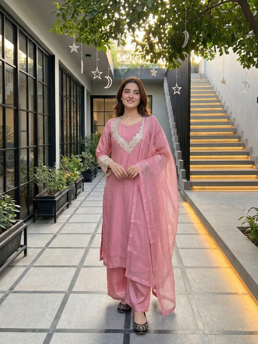 Royal Pink Silk Kurti Set with Intricate Lace Embroidery Neckline