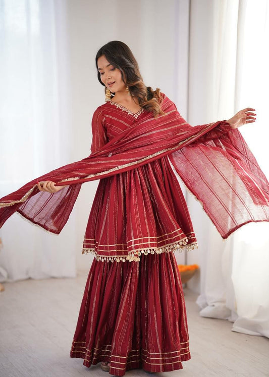Royal Purple Silk Sharara Set with Gold Lurex Stripes and Mirror Tassel Detail