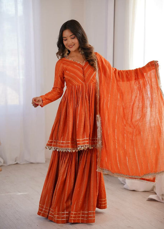 Royal Purple Silk Sharara Set with Gold Lurex Stripes and Mirror Tassel Detail