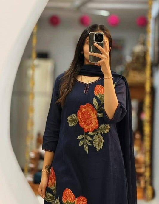 Royal Navy Blue Silk Kurti Set with Vibrant Orange Floral Embroidery
