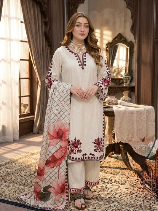 Royal Off-White Silk Set with Intricate Maroon Embroidery and Floral Accents