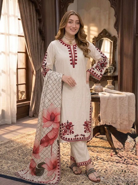 Royal Off-White Silk Set with Intricate Maroon Embroidery and Floral Accents