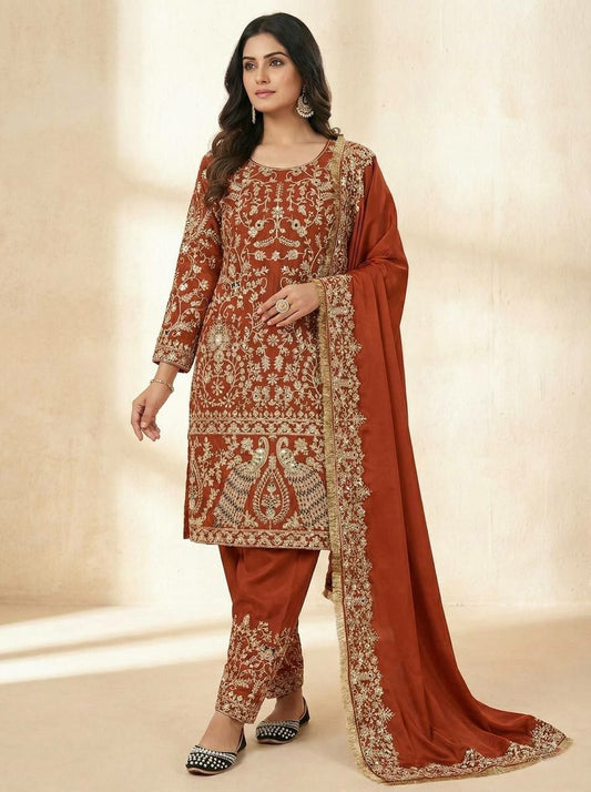 Royal Rust-Orange Silk Suit with Intricate Peacock Motif Embroidery