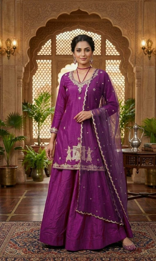 Royal Purple Silk Kurti Set with Embroidered Sharara & Scalloped Dupatta