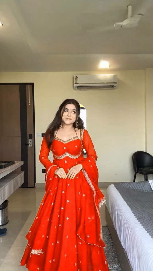 Premium Scarlet Readymade Garment: Designer Anarkali Suit for Festive Occasions