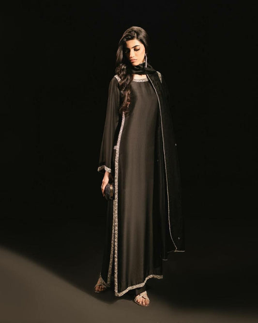 Royal Onyx Silk Suit with Intricate Silver Lace Borders & Matching Dupatta