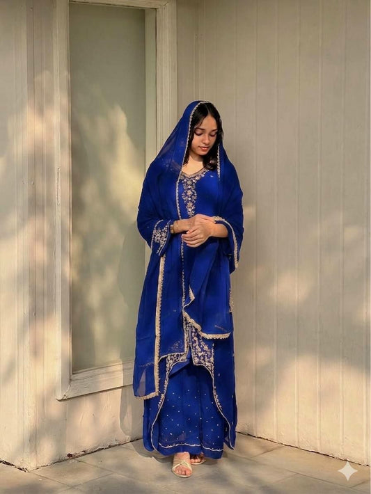 Classic Deep Blue Ethnic Ensemble: Heavily Detailed Kurti & Matching Dupatta