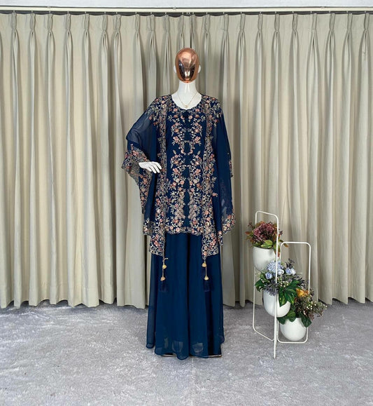 Premium Navy Blue Readymade Garment: Designer Kurti, Palazzo, and Shrug Set