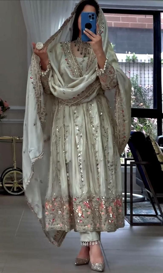 Royal Off-White Silk Anarkali Set with Intricate Floral Embroidery and Matching Dupatta
