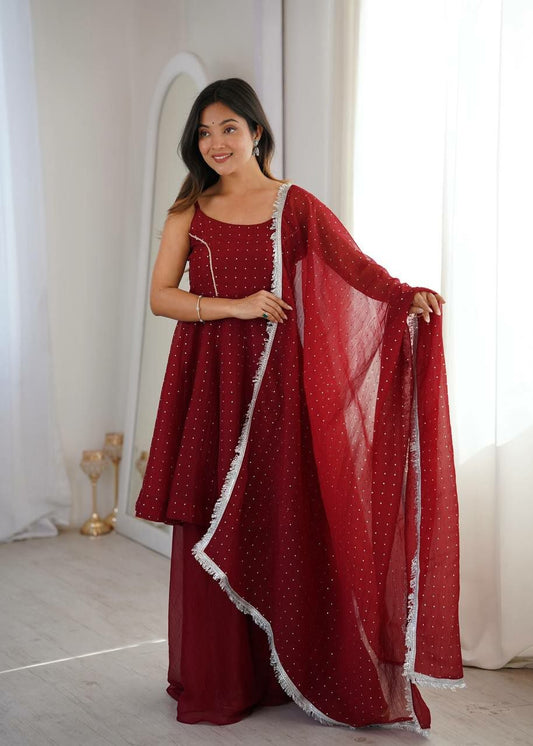 Royal Maroon Georgette Sharara Set with Silver Sequin Details and Fringed Dupatta