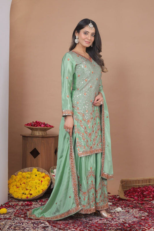 Classic Mint Ethnic Ensemble: Heavily Embroidered Kurti with Matching Dupatta