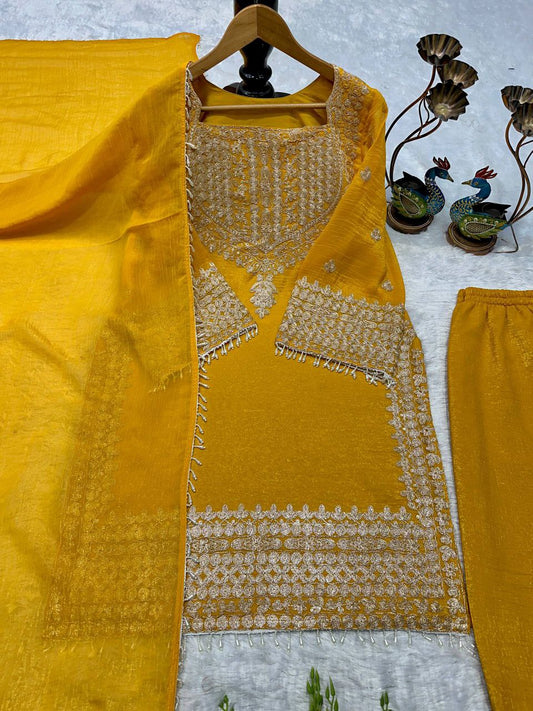 HEAVY FRENDY  SILK  WITH HEAVY EMBROIDERY DORI   WORK AND MOTI LACE WORK