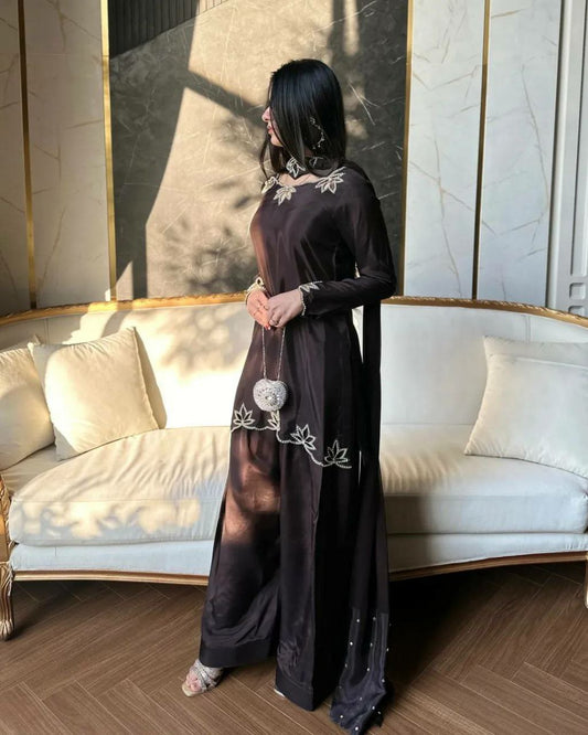 Heavy Natural Crep Material With Embroidery And Moti work(Fully Sleeve)