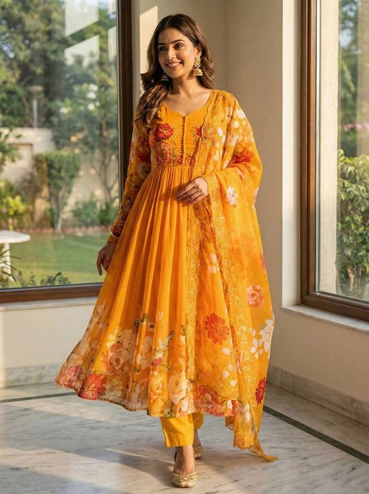 Gown Febrics Fox Georgette Heavy Quality FabricWith Handwork Neck And Sleeve  ,Full Long With Creap  Pant , Taby Silk Digital print Dupatta With Embroidery Sequence Work Broder