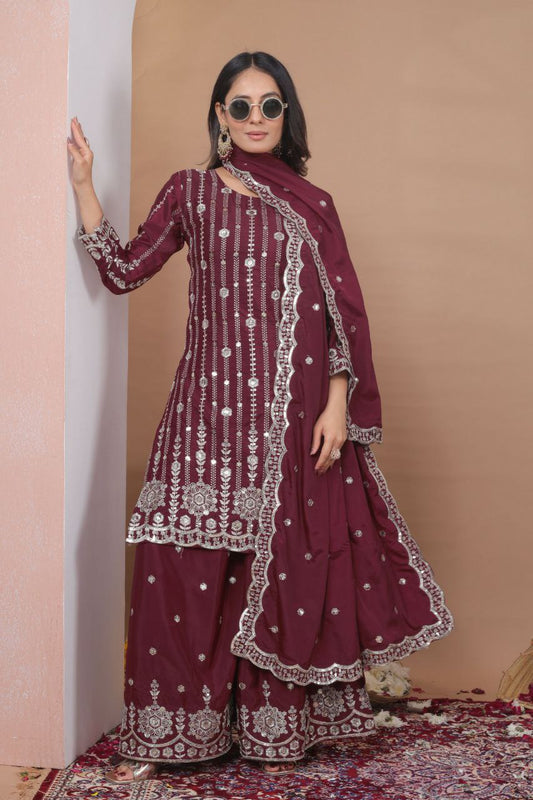 Natural Crep  Inner Micro Work Sequence Embroidery Work Top