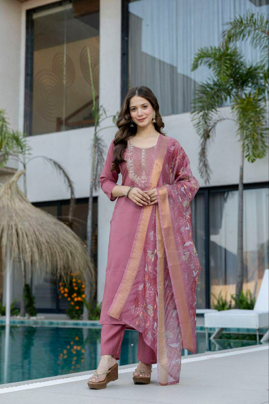 PURE VISCOSE CHANDERI WITH SEQUENCE COADING EMBROIDERY WORK 2.2 MTR ORGANZA JACQUARD DUPPATA
