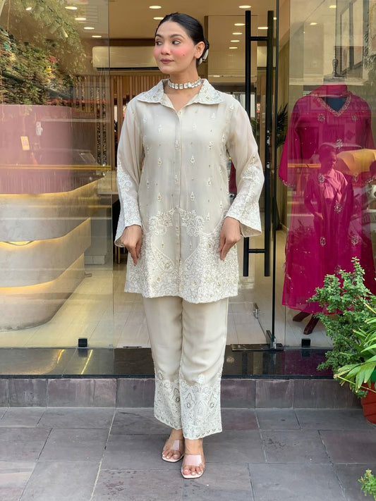 Embroidery Work CORD SET  Premium Chanderi Silk With Embroidery styels