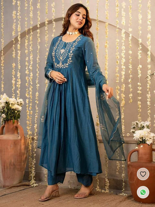 Women's premium Vichitra Silk Embroidered Flared Kurta with Pant And Dupatta Sets