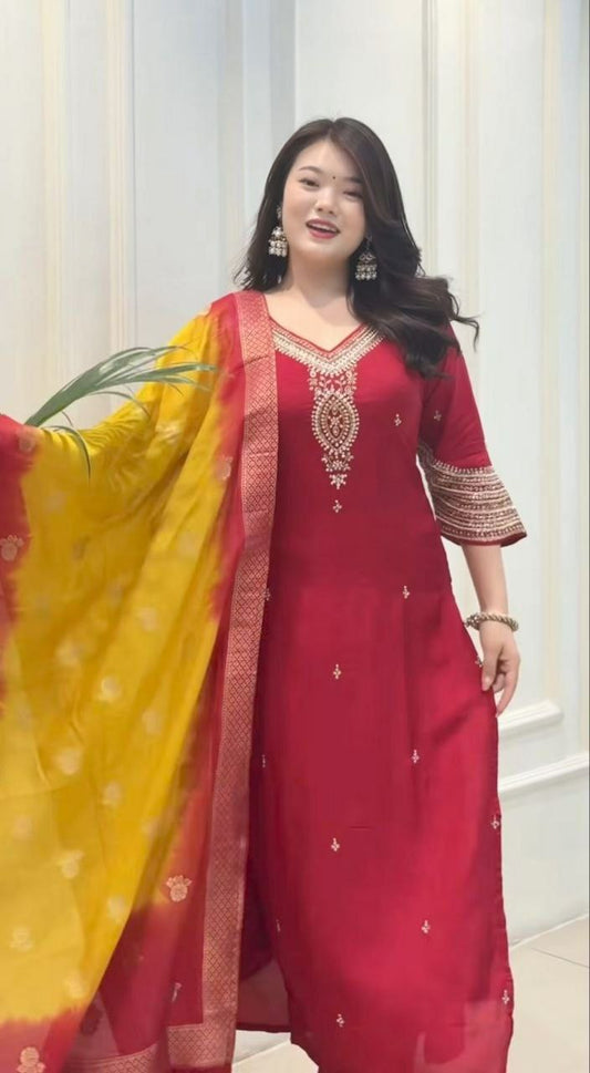 Pure berry berry  silk with machine embroidery & hand embellishments on neckline and sleeves