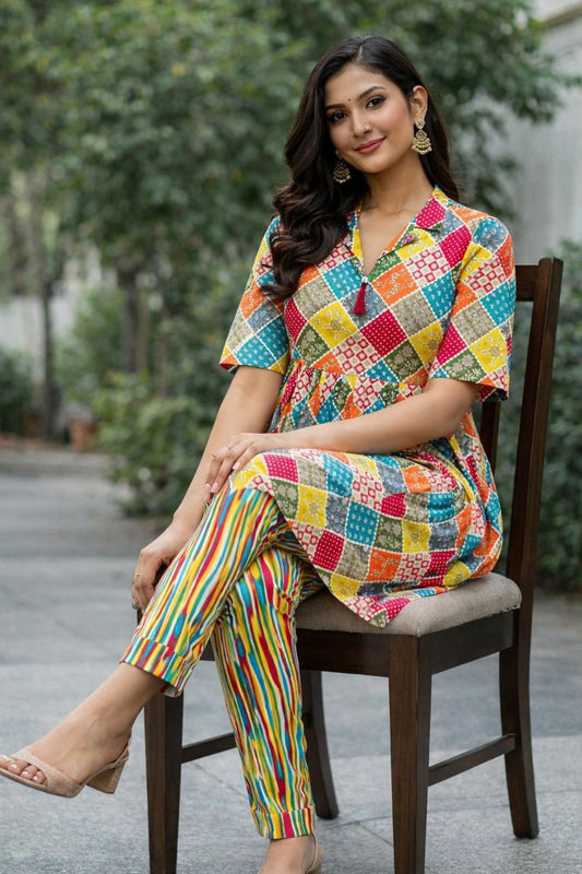 Multi colour printed co-ord set   Clothes details Top Twil rayon