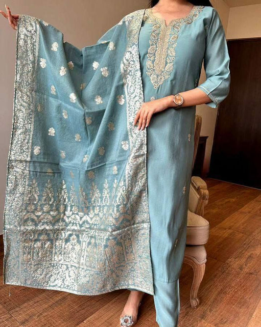 VISCOSE CHANDERI WITH SEQUENCE CODING EMBROIDERY WORK  VISCOSE CHANDERI HEAVY JACQUARD DUPPTA