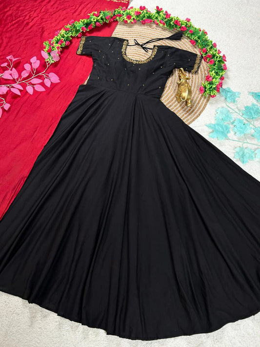 CLASSIC BLACK ANARKALI GOWN - COTTON SILK WITH HAND MAGGAM DETAILING