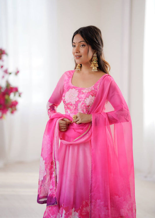 Organza Taby Silk With Digital Print , Four Side Golden Samosa Lece Broder ….