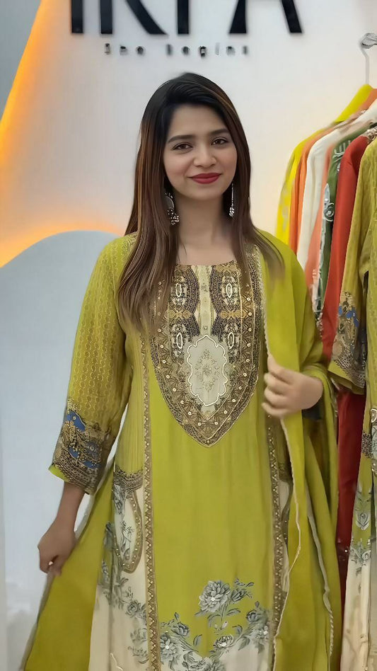 Heavy Frech Crep With Digital Print With Hand Work With Full Sleeves .