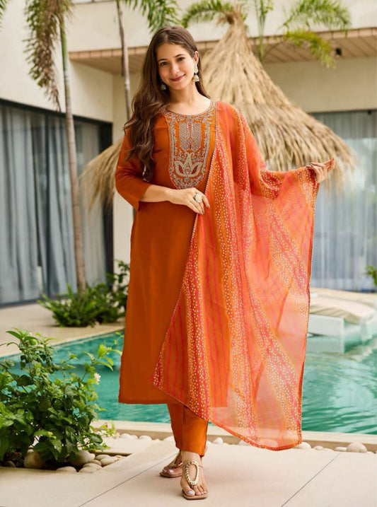 Women's Rayon Embroidered Straight Kurta with Pant And Dupatta Sets