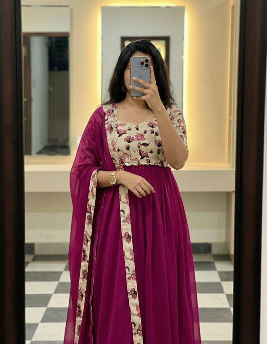 Fox Georgette fabric with print And Duppatta with lace border