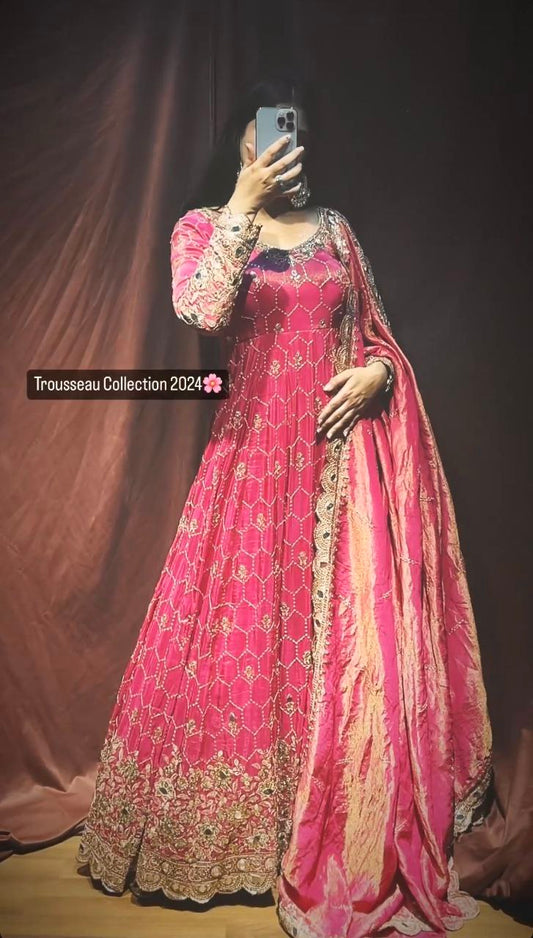 Pure Heavy Chinnon Silk With Full Heavy Embroidery Sequence Work With Real Mirror Hand Work WithFull Sleeve Gown
