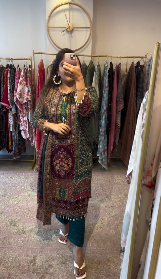 Heavy Georgette With Digital Print With Real Mirror Handwork and Diamond Handwork With Heavy Kodi Lace Work With Full Sleeve Kurti