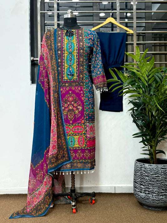 Heavy Georgette With Digital Print With Real Mirror Handwork and Diamond Handwork With Heavy Kodi Lace Work With Full Sleeve Kurti