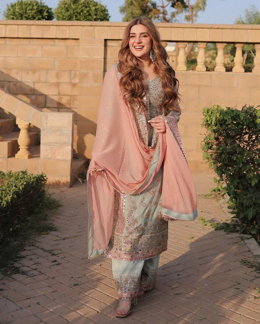 Faux Georgette With Heavy Embroidery Sequence Work And Full Sleeve Kurti Set