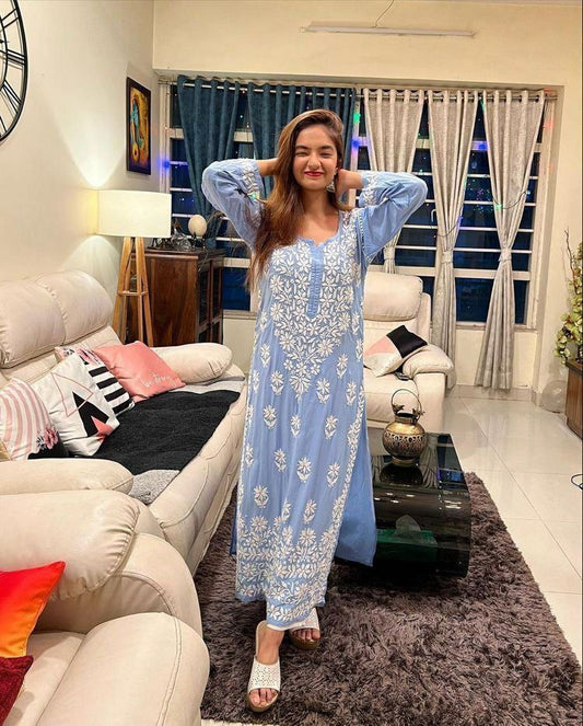 Trending Amazing Blue Kurti With Plazzo In Rayon Cotton Fabric