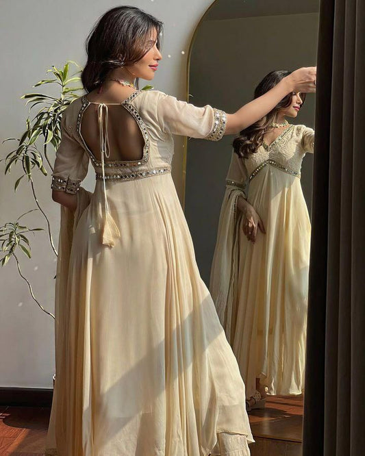 New Faux Georgette Embroidery Work Yellow Kurti Set For Women