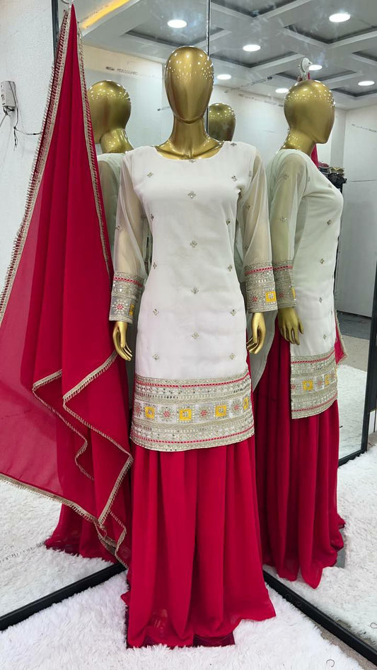 Heavy Faux Georgette With Heavy Embroidery Sequence Work And Full Sleeve Kurti Set